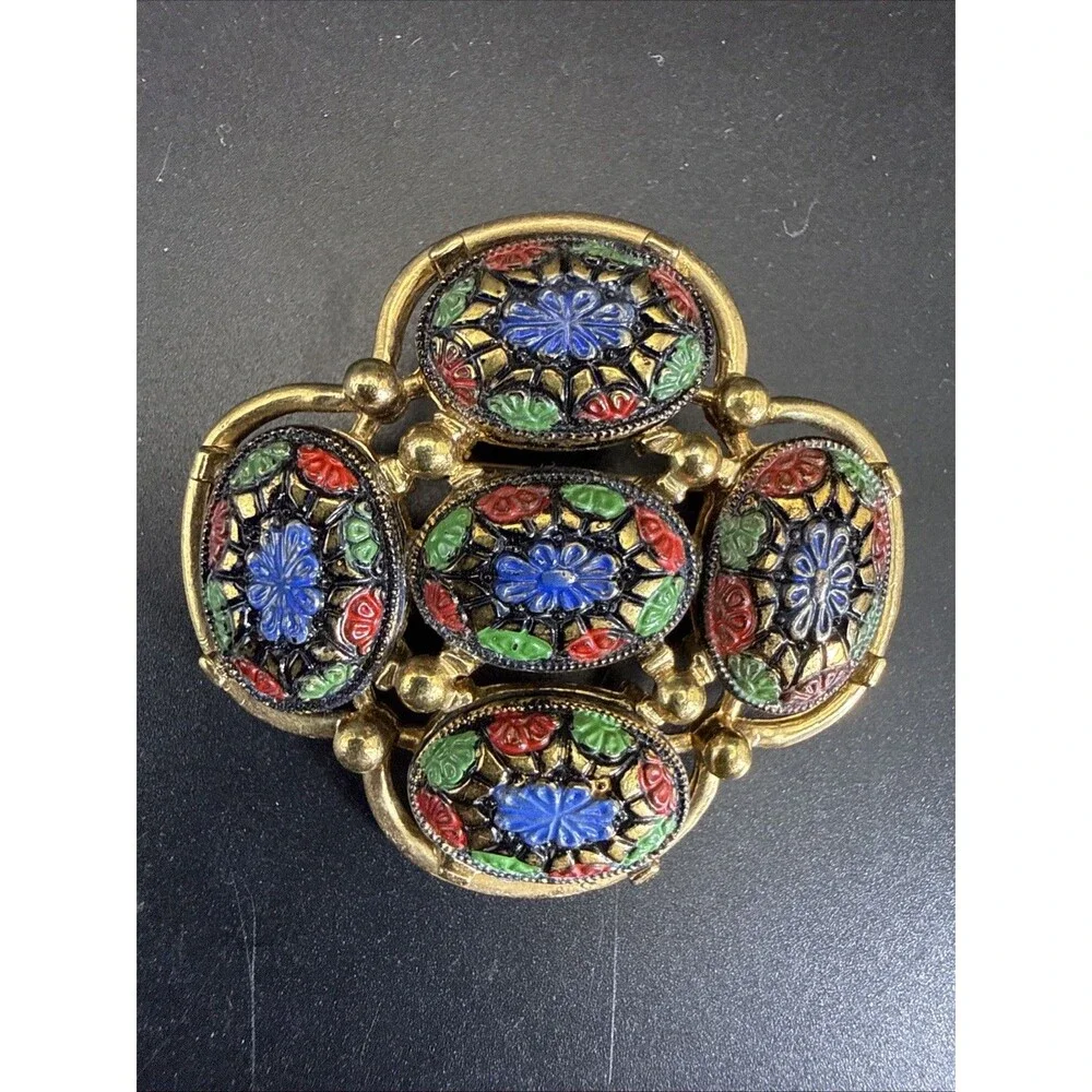 SARAH COVENTRY 1960s Vintage Light of East Mosaic Gold Tone Floral Enamel Brooch